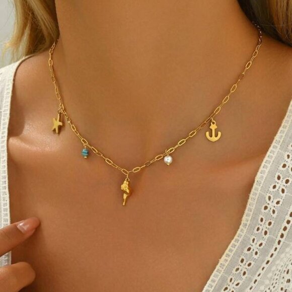 18K Gold Filled Nautical Charm Necklace – Starfish, Shell & Anchor - Picture 1 of 3